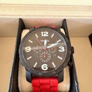 Fossil Black Dial Chronograph Watch with Red Strap